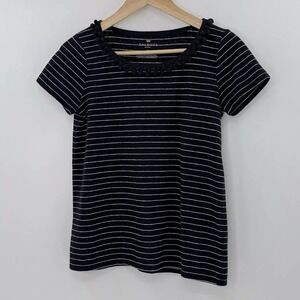 Talbots Striped Tee Black White Short Sleeve Pom Pom Trim‎ Crew Neck Top
